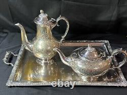 Vintage 3pc Silver Etched Plate Coffee/Tea Pots Embossed Tray Ornate Design