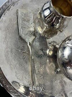 Vintage 4 Piece Silverplate Tea Service Set-Platter, Kettle, Sugar bowl & Spatula