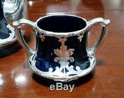 Vintage Antique 1909 Lenox 3pc Tea Set Cobalt Blue & Silver Overlay Art Nouveau