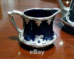 Vintage Antique 1909 Lenox 3pc Tea Set Cobalt Blue & Silver Overlay Art Nouveau