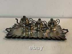 Vintage Antique Mexican Sterling Silver & Turquoise 6 Piece Miniature Tea Set