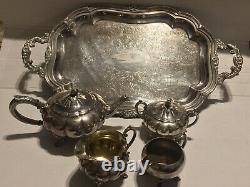 Vintage Antique Oneida Silver Plate Tea Set Teapot Sugar Creamer Platter