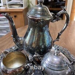 Vintage F B Rogers Silver-Plate 4 Pc Coffee Tea Service Set Tray Cream Sugar Pot