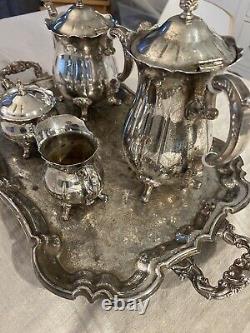 Vintage Large Leonard Silver Plate Coffee Tea Set Cream & Sugar With Plater