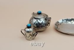 Vintage Navajo Sterling E. M. W ELIZABETH WHITMAN Turquoise Mini Tea Set