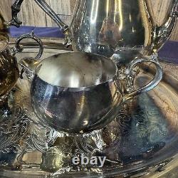 Vintage Oneida Silver Plate Coffee and Tea Pot Teapot Set with Serving Tray Set