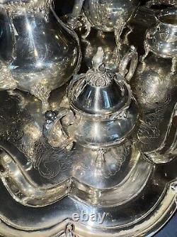 Vintage Oneida Venetian Silver Plated 5 Piece Footed Ornate Tea & Coffee Set