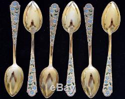 Vintage Russian. 875 Enamel Gold Washed Silver Tea Spoon Set of Six