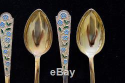 Vintage Russian. 875 Enamel Gold Washed Silver Tea Spoon Set of Six