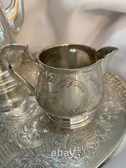 Vintage Silver Plate 4 piece Coffee/Tea Pot, Creamer, Covered Sugar Bowl & Tray