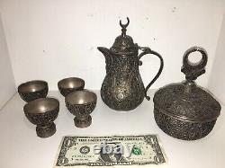 Vintage Silver Plate 6 piece Coffee/Tea Pot, & Sugar Bowl Set 4 Cups