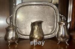 Vintage Silver-Plate Tea Set Leonard Platter (30x18), English Silver Mfg Corp