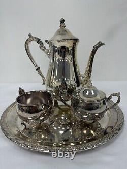 Vintage Silver Plated Footed Tea Set With Tray Teapot Creamer Sugar With Lid