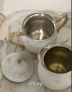 Vintage Silver Tea Set White Shabby Chic Distressed Gold Artist Created