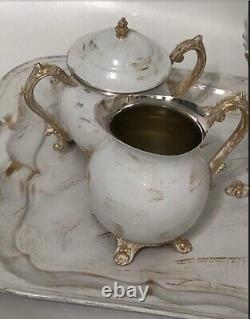 Vintage Silver Tea Set White Shabby Chic Distressed Gold Artist Created