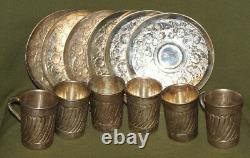 Vintage floral silver plated set 6 coffee tea cups mugs with saucers