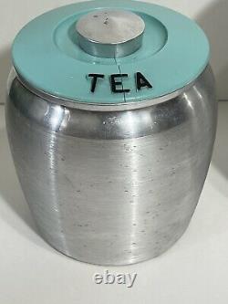 Vtc KROMEX Brushed Aluminum Canister Set withTurquoise Lids Flour Coffee Tea EUC