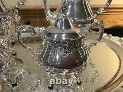 Wallace Baroque Coffee Tea Creamer Sugar Service Set Lg Tray Silverplate Vintage