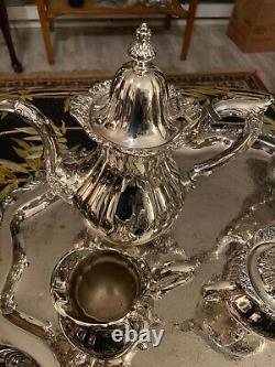 Wallace Rose Point #1200 Silver Plate 6 Piece Coffee/Tea Set With Tray, Stunning