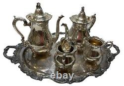 Wallace Royal Rose Silver Plated Tray, Coffee, Tea, Sugar, & Creamer Tea Set