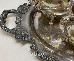 Wallace Royal Rose Silver Plated Tray, Coffee, Tea, Sugar, & Creamer Tea Set