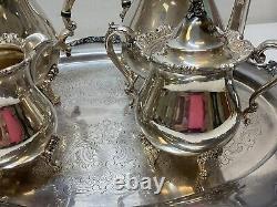 Wallace Royal Rose Silver Plated Tray, Coffee, Tea, Sugar, & Creamer Tea Set