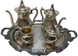 Wallace Royal Rose Silver Plated Tray, Coffee, Tea, Sugar, & Creamer Tea Set