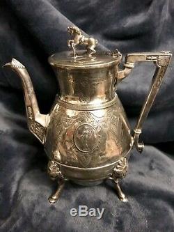 Webster Silver Chased Aesthetic Movement Figural Horse Lion Tea Set C-1800s