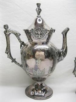 Wilcox Victorian Tea Set Fancy Silver Plate Woman Figural Handles Leaves Old Vtg