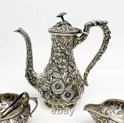 3pc S. Kirk & Son Sterling Silver Tea Set Repousse Florals Vers 1900
