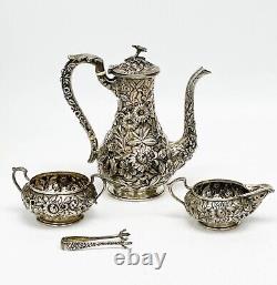 3pc S. Kirk & Son Sterling Silver Tea Set Repousse Florals Vers 1900