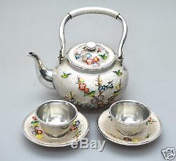 637 Gr Export Enamel Cloisonne Argent Korea Korean Teaset Teapot Cup Saucer
