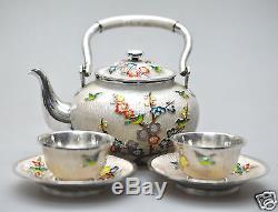 637 Gr Export Enamel Cloisonne Argent Korea Korean Teaset Teapot Cup Saucer