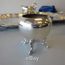 9 CC Set Birmingham Silver On Copper Tea Pot Inclinable Hot Water Sugar Creamer Tray