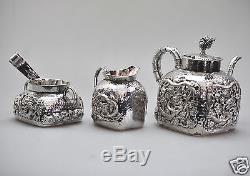 939 Grs Antique Chinoise À Chine À L'exporture Ensemble En Tigre À L'argent Pot Bowl Creamer 1880