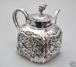 939 Grs Antique Chinoise À Chine À L'exporture Ensemble En Tigre À L'argent Pot Bowl Creamer 1880