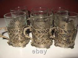 Ancien ensemble de thé en argent perse vintage antique de 6 tasses à motif floral avec verre