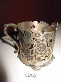 Ancien ensemble de thé en argent perse vintage antique de 6 tasses à motif floral avec verre