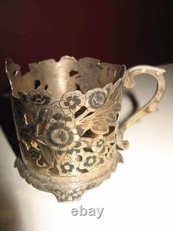 Ancien ensemble de thé en argent perse vintage antique de 6 tasses à motif floral avec verre