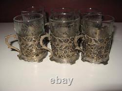 Ancien ensemble de thé en argent perse vintage antique de 6 tasses à motif floral avec verre