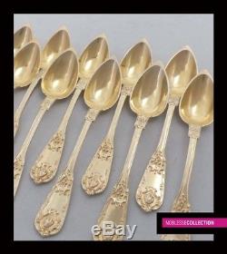 Antique 1850s Toutes Argent Sterling Argent 18k Vermeil Tea Spoons Set 12 Pc