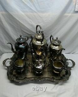Antique Argent Sur Cuivre Tea Set 10 Pc Avectilting Tea Pot & Lg Tray