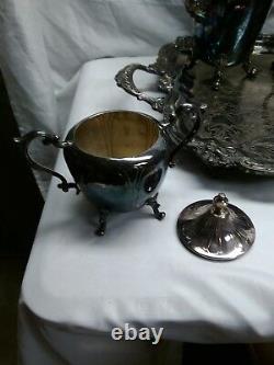 Antique Argent Sur Cuivre Tea Set 10 Pc Avectilting Tea Pot & Lg Tray