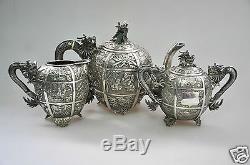 Antique China Chinese Export Ensemble De Thé En Argent Massif Pot Bowl Creamer 1850