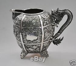 Antique China Chinese Export Ensemble De Thé En Argent Massif Pot Bowl Creamer 1850