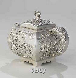 Antique Chinese China Export Ensemble De Thé En Argent Wang Hing Pot Bowl Creamer 1880