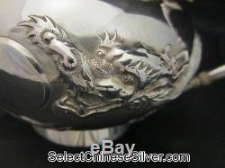 Antique Chinese Export Argent Massif À Thé, 4 Dragons Claw, Po Cheng, C1900