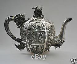 Antique Chinois China Export En Argent Massif À Thé Pot Bowl Creamer 1850