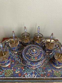 Antique Cloisonne Or Plaqué 84 Argent Persan Enamel Tea Set