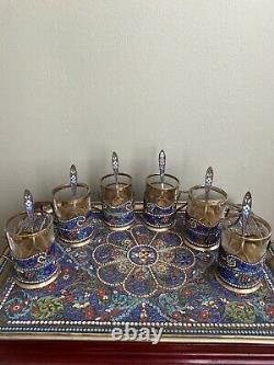 Antique Cloisonne Or Plaqué 84 Argent Persan Enamel Tea Set